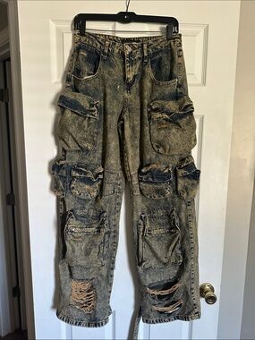 Fashion Nova Acid-Wash Black Cargo Pants